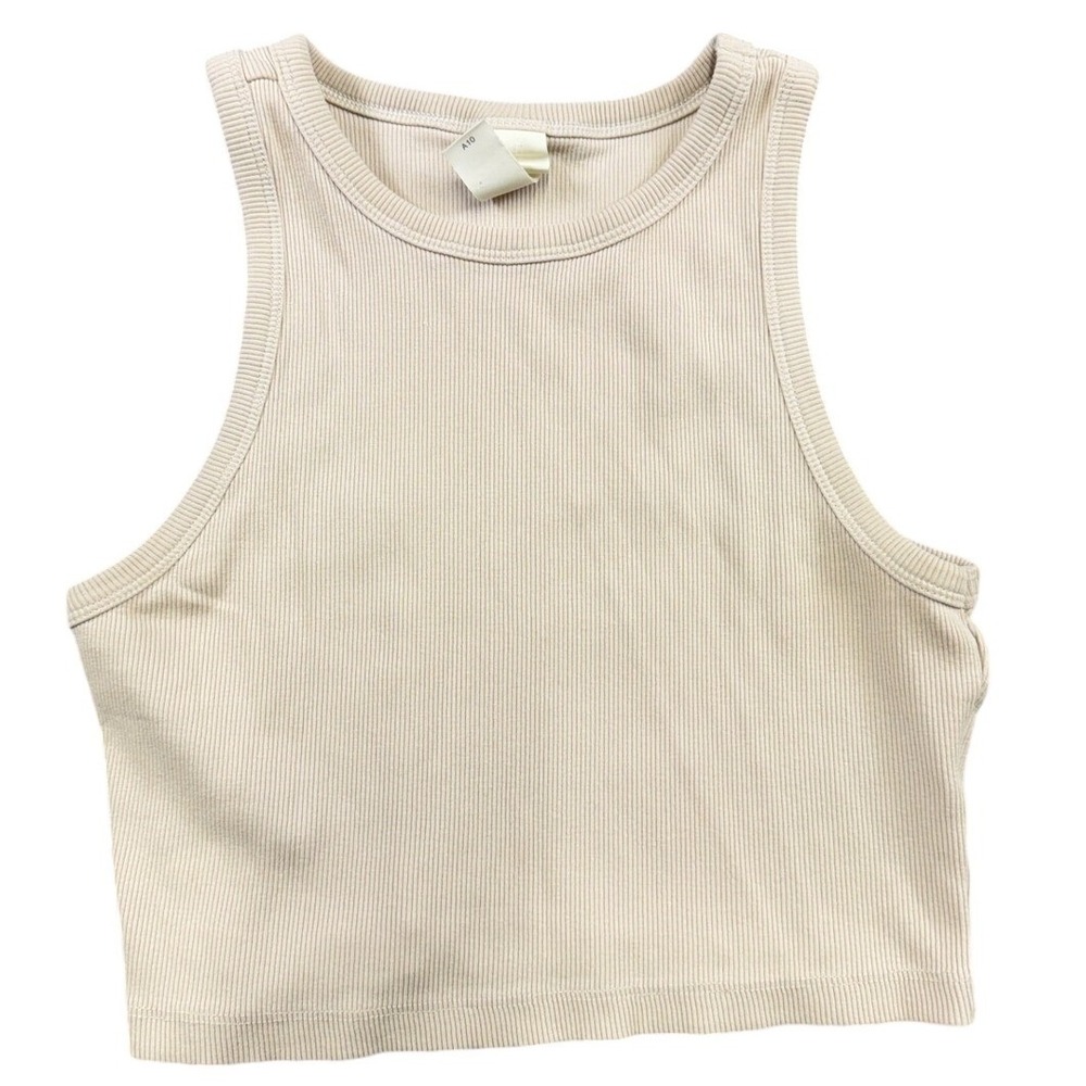 HM Womens Ribbed Knit Cropped Tank Top Beige Crew Neck Sleeveless Size M